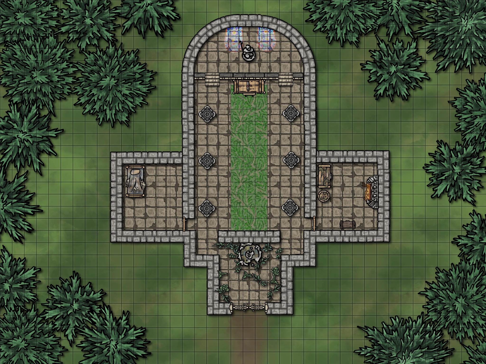 A nature dungeon in the form of a cross-shaped church, hidden in the woods.