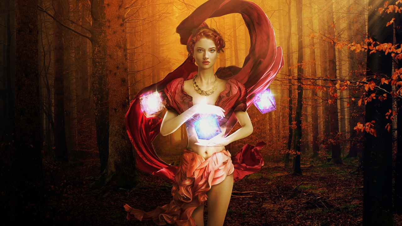 A woman striding through a forest, wielding balls of elemental energy.