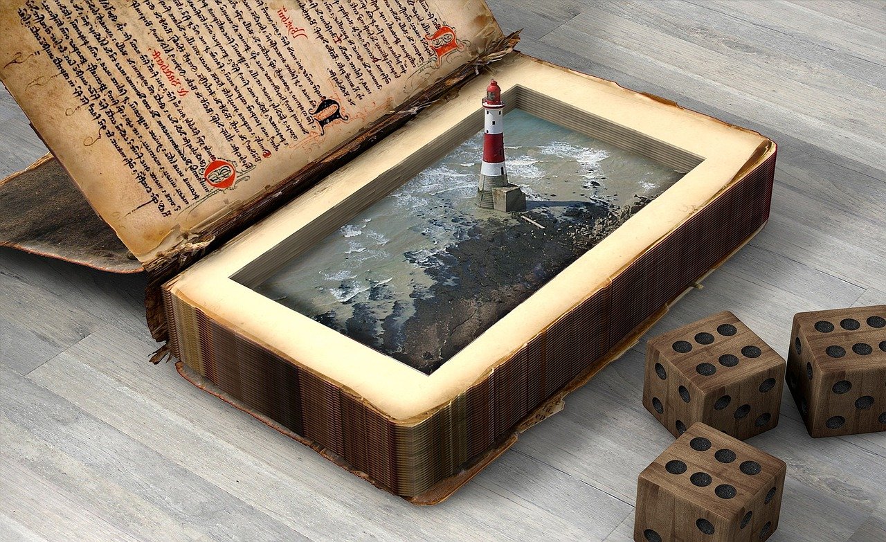 A fantastical image of a lighthouse rising from the pages of a book, with dice on the table nearby.