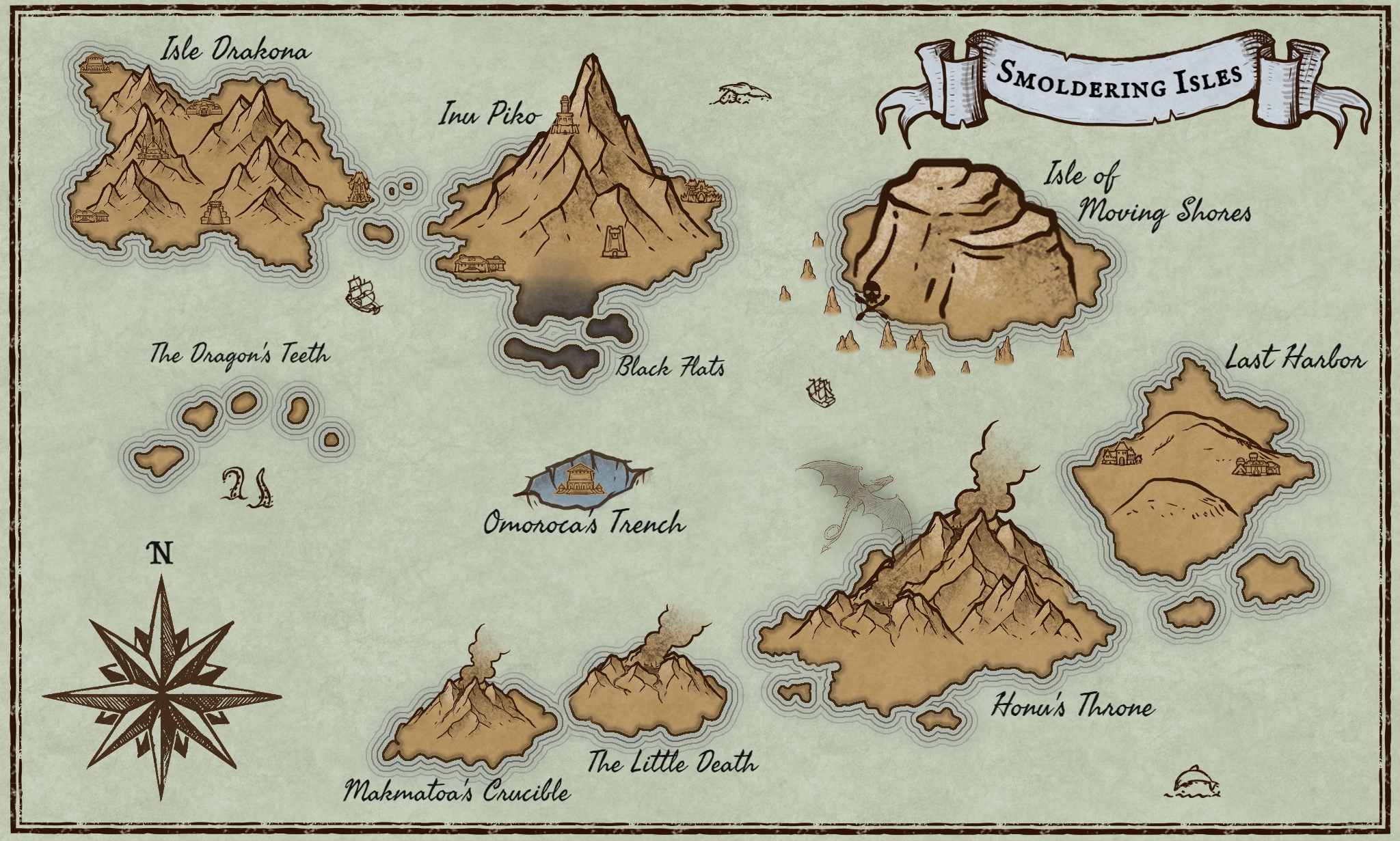 A map of a chain of islands in a fantasy setting.