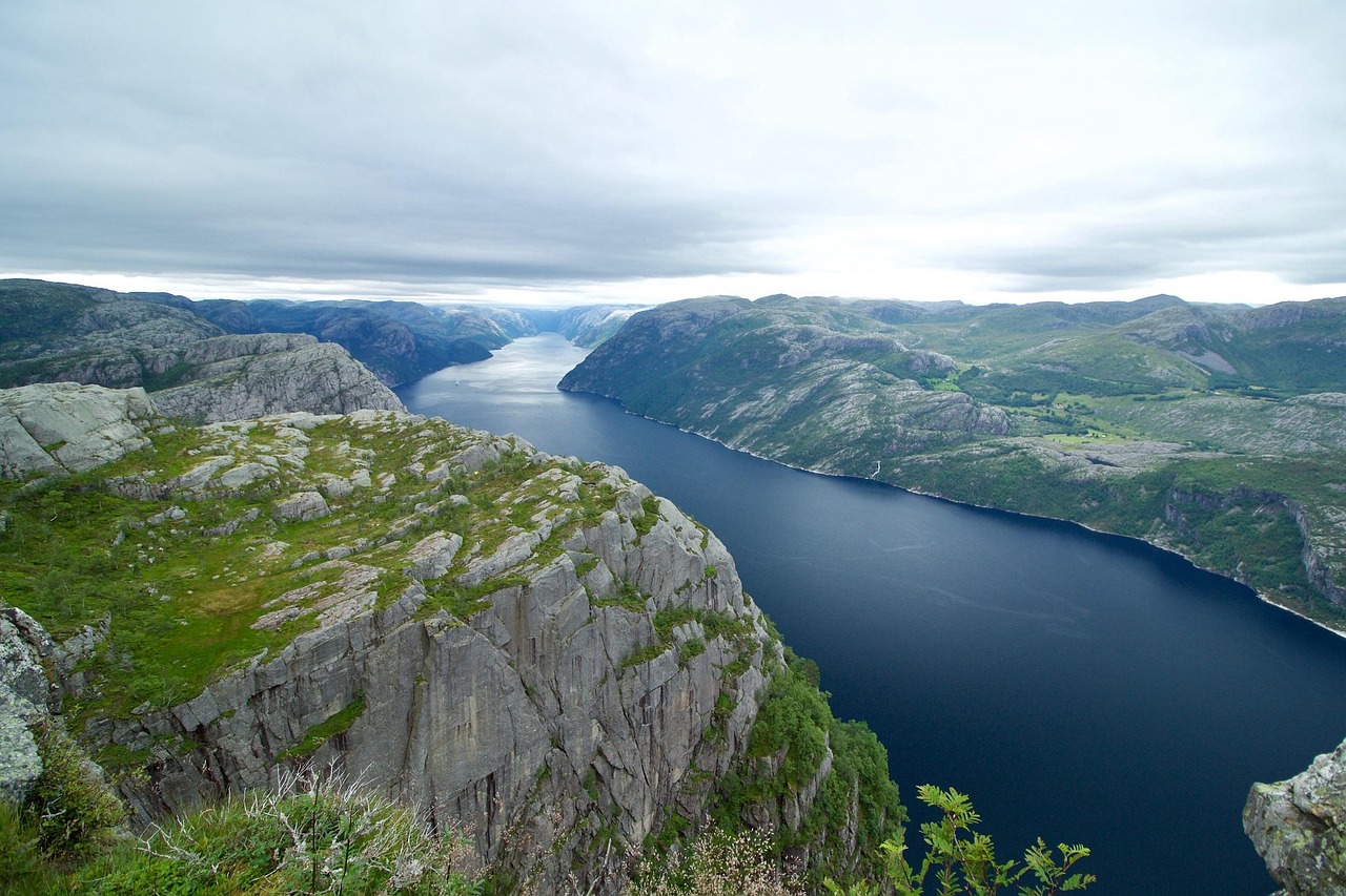 A lengthy fjord cutting through mountains and vanishing in the horizon.